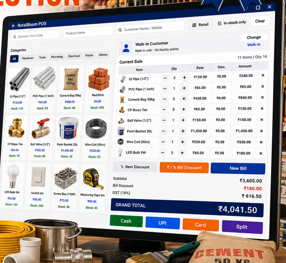 RetailBoom POS billing screen for a hardware and building materials store